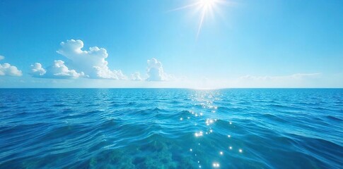 Obraz premium Serene ocean horizon stretching to the vast blue sky, calm water reflecting the bright sunlight Perfect for travel, nature, and relaxation themes , wide, nature