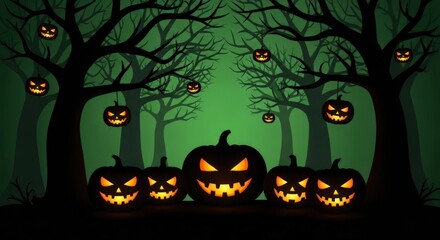 Spooky Halloween pumpkins glowing in a dark forest setting the mood for tricks and treats this season
