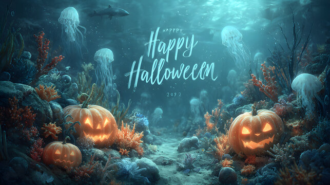 A Halloween banner Happy Halloween 2026 wallpaper hd realistic with spooky underwater pumpkins and ghostly sea creatures