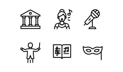 Fototapeta premium Linear icons of cultural arts: opera, music, theater, and performance elements