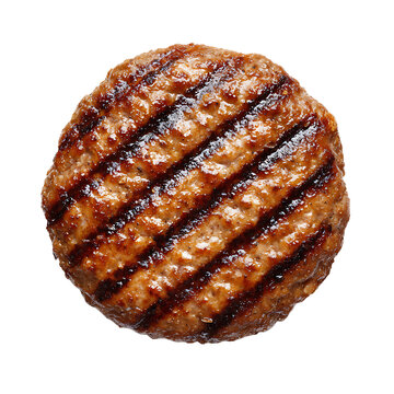 Top - down shot : A juicy cooked burger patty displays prominent grill marks against a solid transparent background ready for a delicious burger