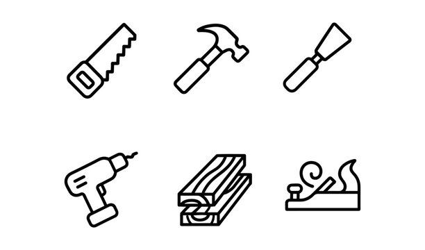 Set of six linear icons of woodworking tools