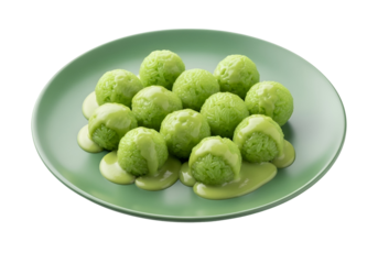A plate of vibrant green rice balls, glistening with a creamy sauce, arranged attractively on a muted sage-green plate.