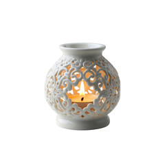 Elegant White Ceramic Essential Oil Burner with Intricate Lace Design and Lit Candle