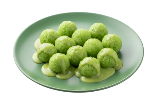 A plate of vibrant green rice balls, glistening with a creamy sauce, arranged attractively on a muted sage-green plate.