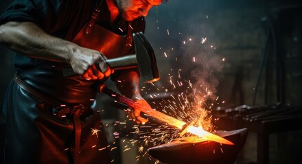 Blacksmith working with hammer and anvil creating sparks.