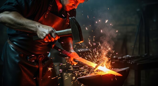 Blacksmith working with hammer and anvil creating sparks.
