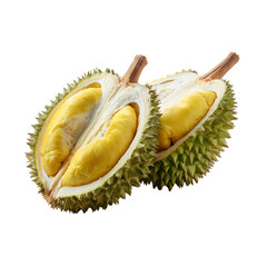 Fototapeta premium Halved durian fruit showcasing its spiky exterior and creamy yellow flesh against a stark transparent background Tropical delight unveiled