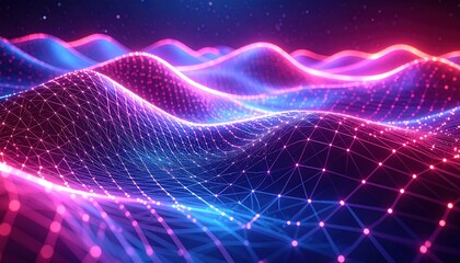 Abstract digital landscape of glowing pink and blue interconnected nodes forming undulating hills.