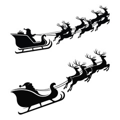 Black silhouette of Santa Claus in a sleigh pulled by reindeer flying across a white background vector © AIGen Studio