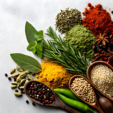 Assorted fresh and dried herbs spices and grains on white background with wooden spoons and bowls for cooking flavo and culinary ingredients