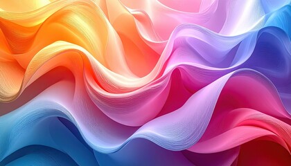 Obraz premium Abstract flowing waves of vibrant colors, blending from orange and yellow to pink, purple, and blue, creating a smooth, dynamic, and visually appealing design.