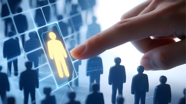 Hand selecting a highlighted human icon from a grid of silhouettes on a digital interface