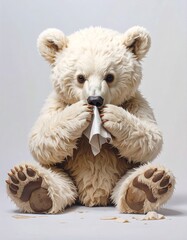 Adorable polar bear cub sitting and playing with paper