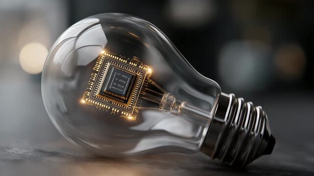 A light bulb with a computer chip inside of it. The bulb is lit up. Light bulb missing semiconductor chip inside, semiconductor shortage dramatic symbolic lighting