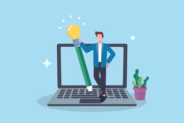 Businessman holding a giant pencil with a lightbulb on top emerging from a laptop screen
