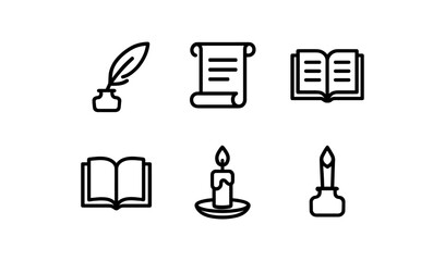 Minimalist line icons of writing tools: quill, scroll, candle, ink pot, open book