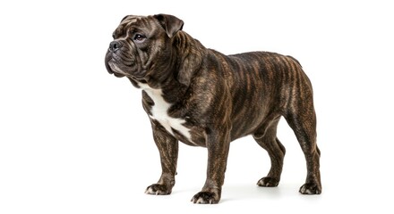 Brindle English Bulldog Standing on White Background.