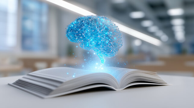 Open book with a glowing blue holographic brain representing intelligence and digital learning in a modern workspace.  
