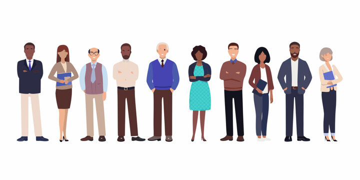 Diverse group of business professionals standing together in a line against a white background