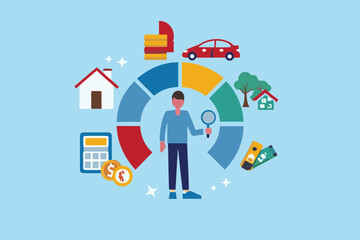 Man with magnifying glass analyzing financial pie chart with icons of house car money and calculator