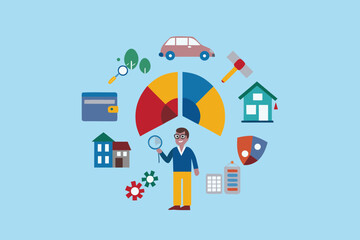 Man with magnifying glass investigating financial and property assets around a pie chart
