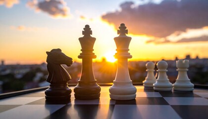Strategic chess pieces on a chessboard, silhouetted against a stunning sunset over a city, symbolizing important decisions and the elegance of intellectual challenge