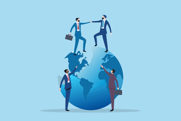 Diverse business people collaborating and reaching out on a stylized globe symbolizing global teamwork and connection