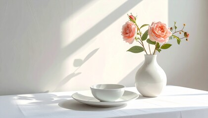 Minimalist Table Decor with Roses in White Vase