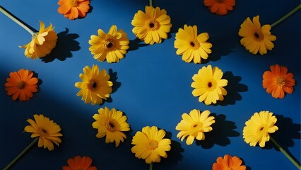 Vibrant Yellow and Orange Flowers Arranged on a Deep Blue Background