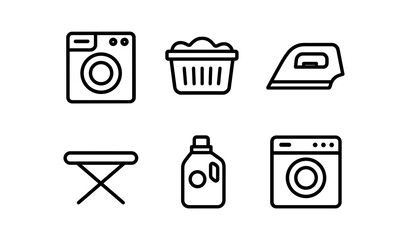 Household appliance icon set featuring laundry essentials in minimalist linear style