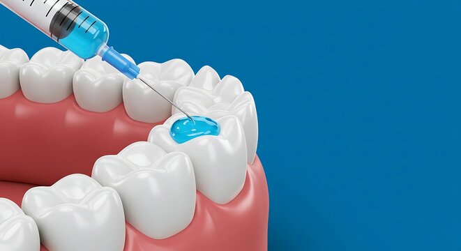 A dental injection being administered into the open teeth, which represents a dental treatment transparent background