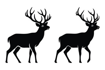 Two black silhouette deer with large antlers facing right on white background stag animal