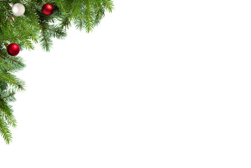 Frame, Christmas tree branches with balls in PNG isolated on transparent background