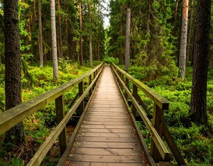 Wooden bridge through a lush forest