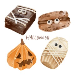 Watercolor illustration of a dessert menu for Halloween.