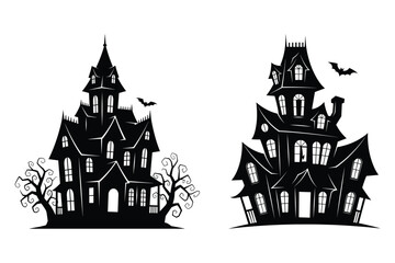 Two black silhouette haunted houses with bats and spooky trees on white background halloween