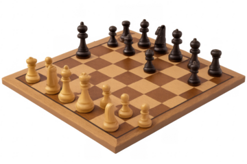 Wooden chessboard with chess pieces displaying ongoing game on transparent background