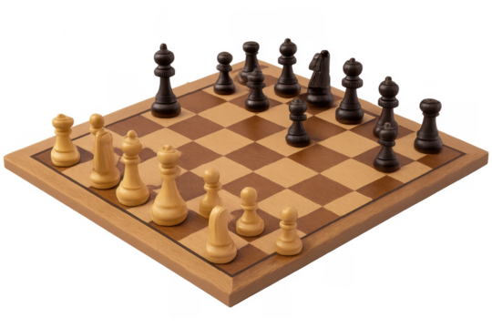 Wooden chessboard with chess pieces displaying ongoing game on transparent background