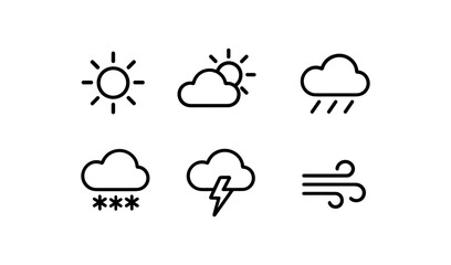 Fototapeta premium Minimalist weather icons: sun, cloud, rain, snow, thunderstorm, wind