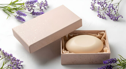 Elegant soap bar in a soft pink box with lavender flowers for skincare and beauty products natural handmade fragrant spa gift set