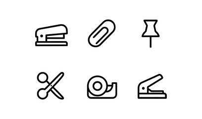 Fototapeta premium Minimalist office supplies icons set with stapler, paper clip, and more