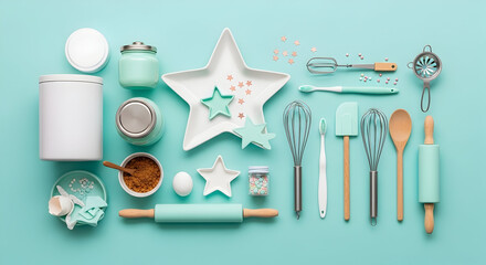 Collection of pastel blue and white baking utensils and accessories including star-shaped dishes mixing bowls spatulas and measuring spoons for kitchen cooking and baking decor