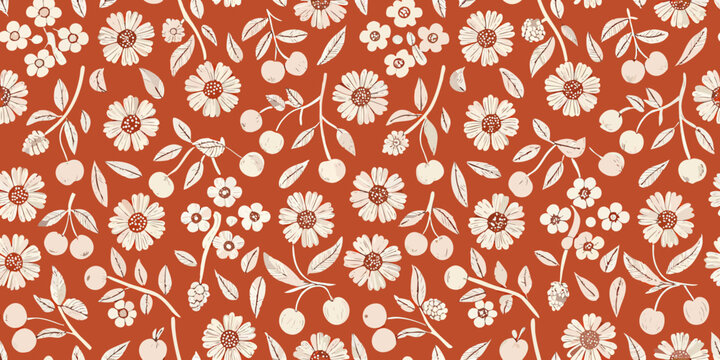 Delicate white daisy flowers and cherries scattered across a warm terracotta background seamless pattern