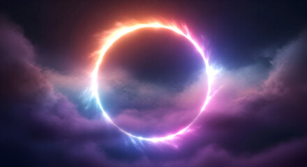 Obraz premium Stunning cosmic eclipse with vibrant glowing ring surrounded by dark clouds and colorful nebulae in a deep space scene perfect for science fiction themes and astronomical concepts