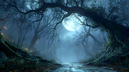 A photorealistic Halloween 2026 wallpaper showing an eerie moonlit forest with ghostly mist curling around twisted roots
