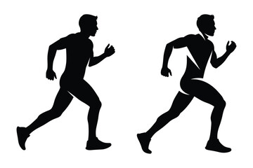 Two black silhouettes of men running side by side on a white background male athletic