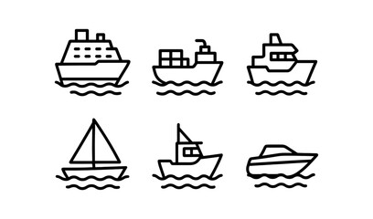 Minimalist outline icons of various boats and ships on waves