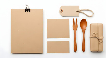 Minimalist beige stationery and cutlery set with gift box and tags for elegant event or packaging design concepts