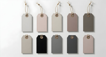 Set of ten blank rectangular tags in various neutral shades with twine loops for branding labeling or gift tagging on a white background perfect for retail or craft projects